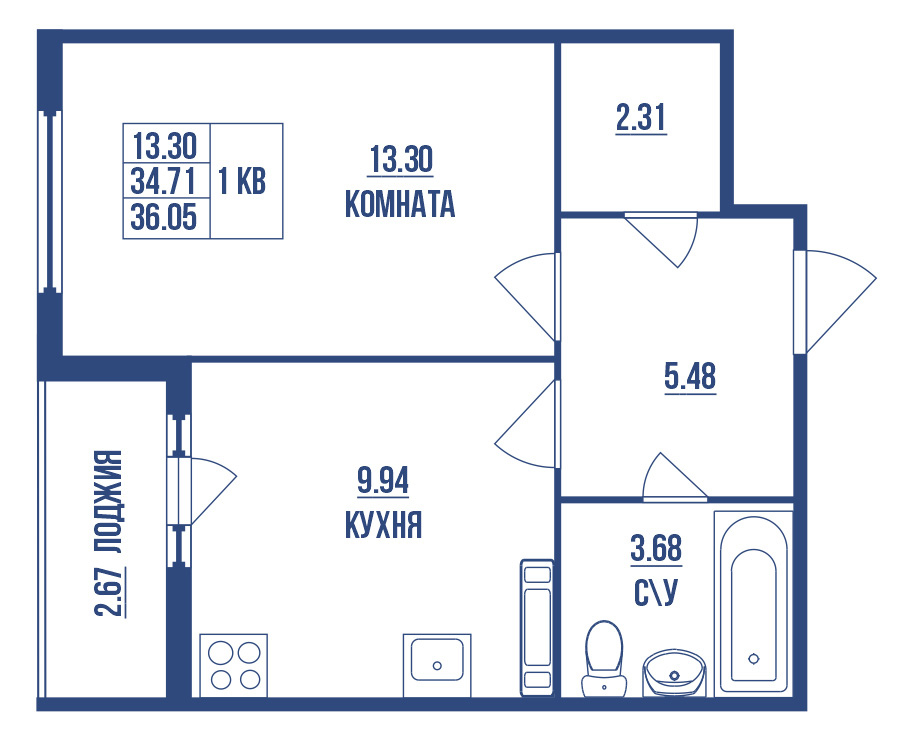 1-комнатная 36.05 м²