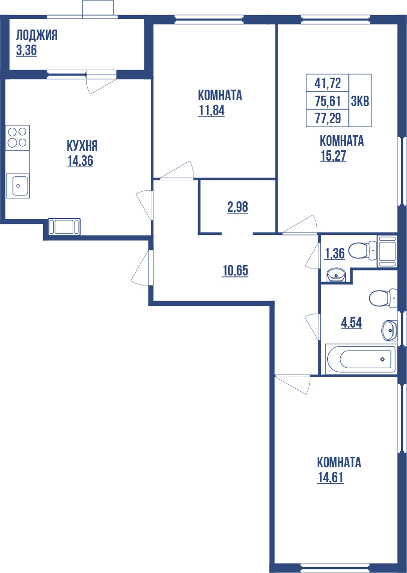 3-комнатная 77.29 м²