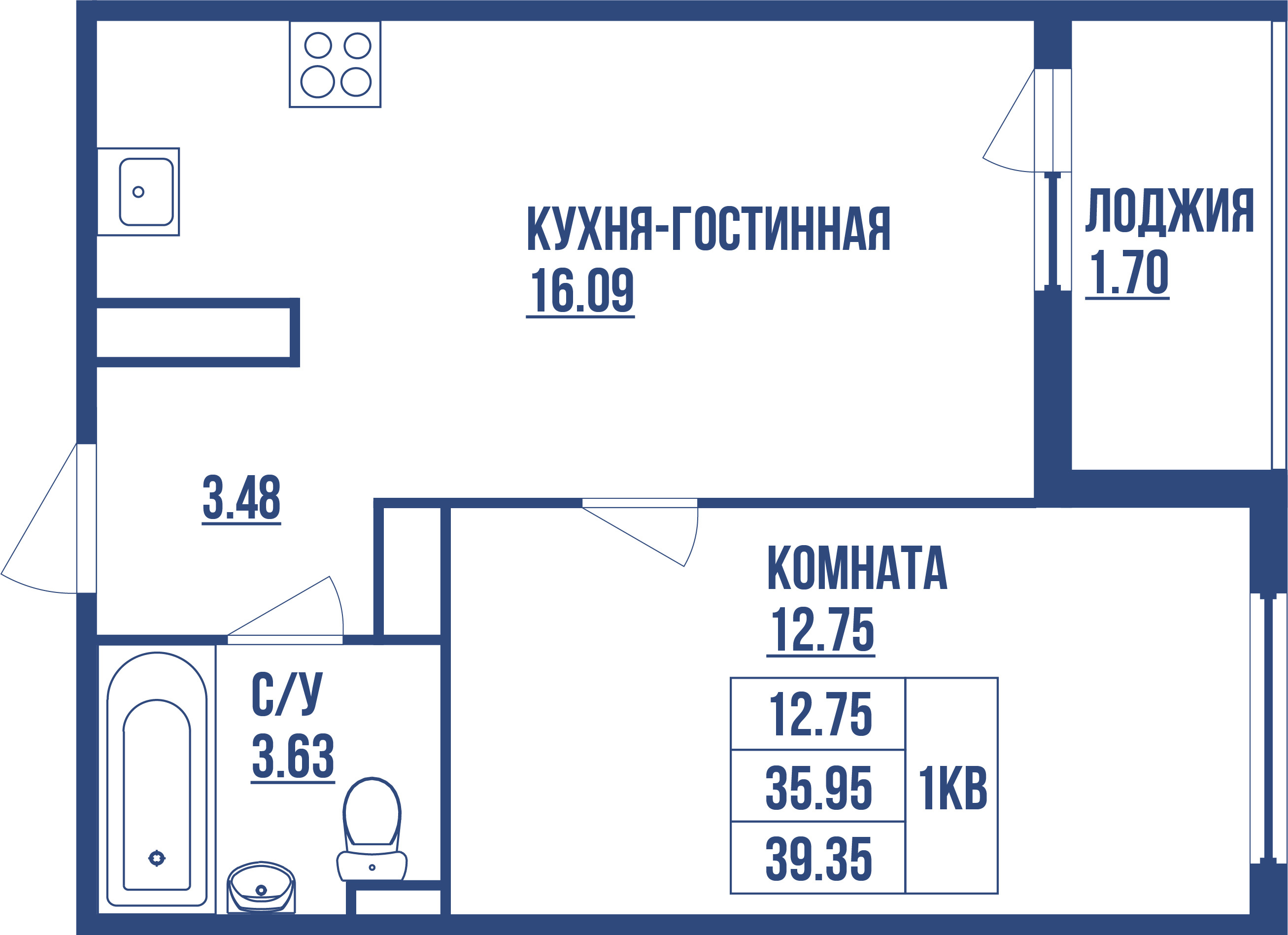 1-комнатная 37.65 м²