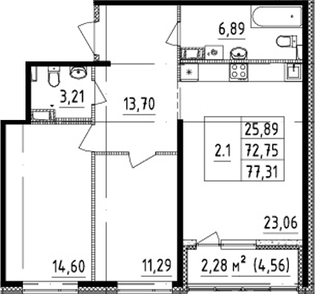 2-комнатная 75.03 м²