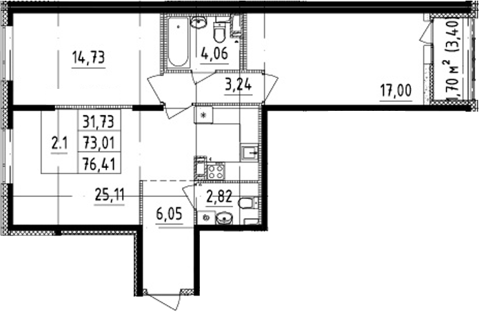 2-комнатная 74.71 м²