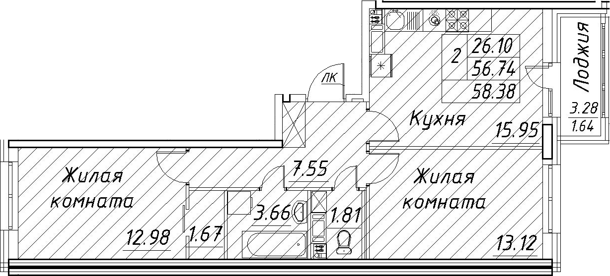 2-комнатная 58.38 м²