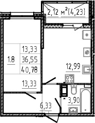 1-комнатная 38.67 м²