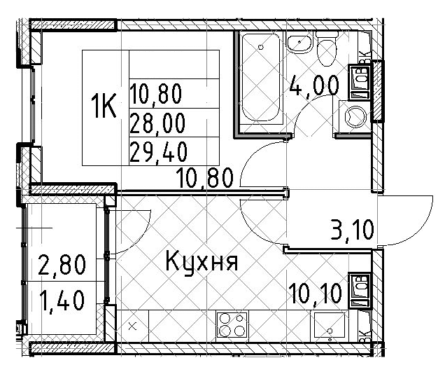 1-комнатная 29.4 м²