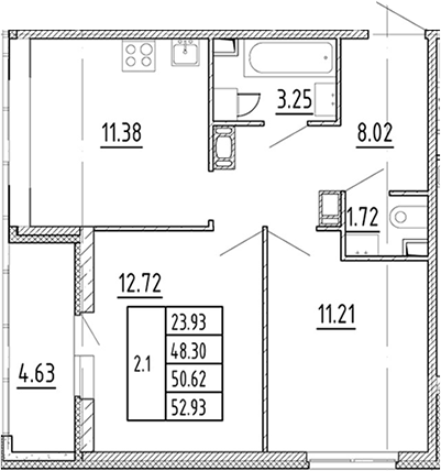 2-комнатная 50.62 м²