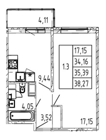 1-комнатная 35.39 м²