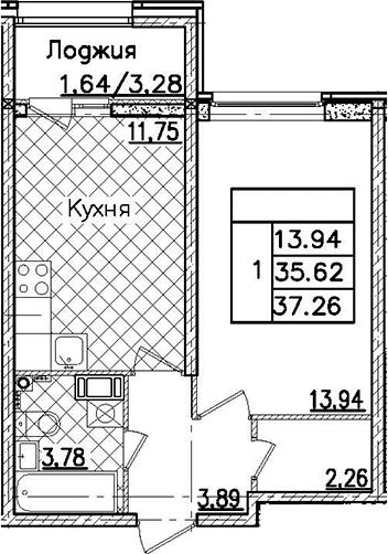 1-комнатная 37.26 м²