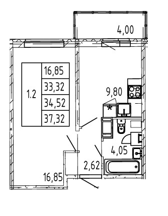 1-комнатная 34.52 м²