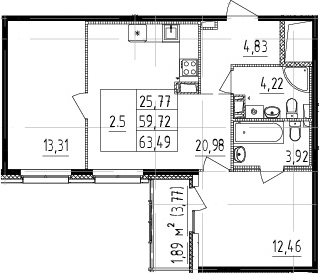 2-комнатная 61.61 м²