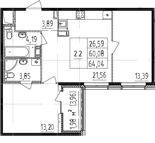 2-комнатная 62.06 м²