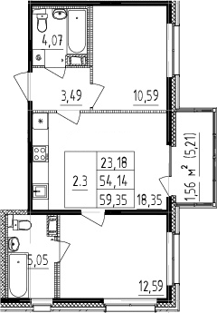 2-комнатная 55.7 м²