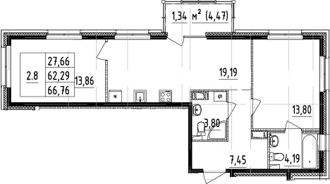 2-комнатная 63.63 м²