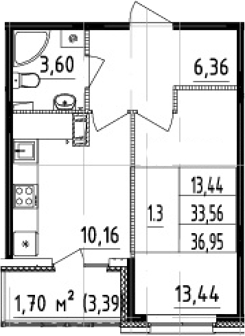 1-комнатная 35.26 м²