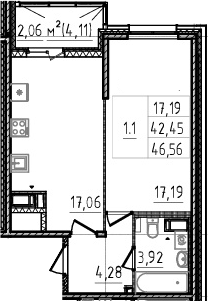 1-комнатная 44.51 м²
