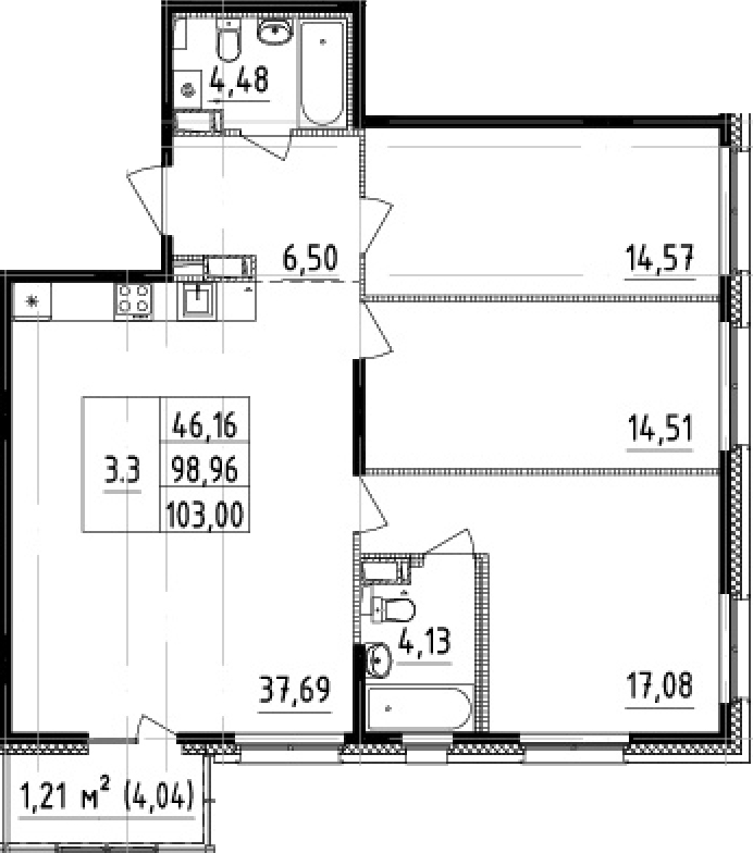 3-комнатная 100.17 м²