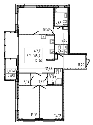 3-комнатная 110.74 м²