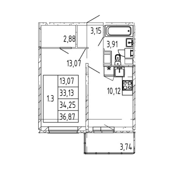 1-комнатная 34.25 м²