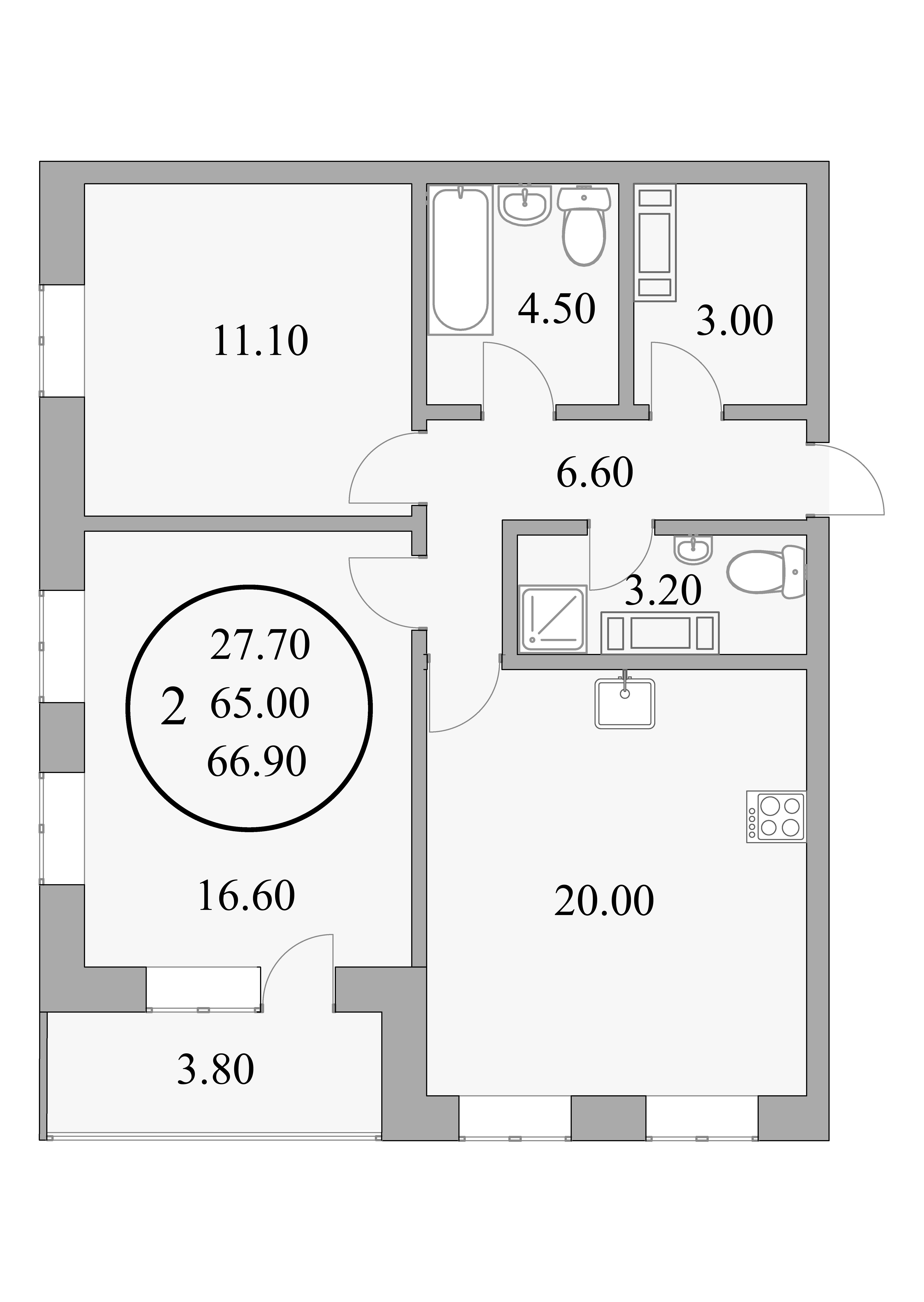 2-комнатная 66.9 м²