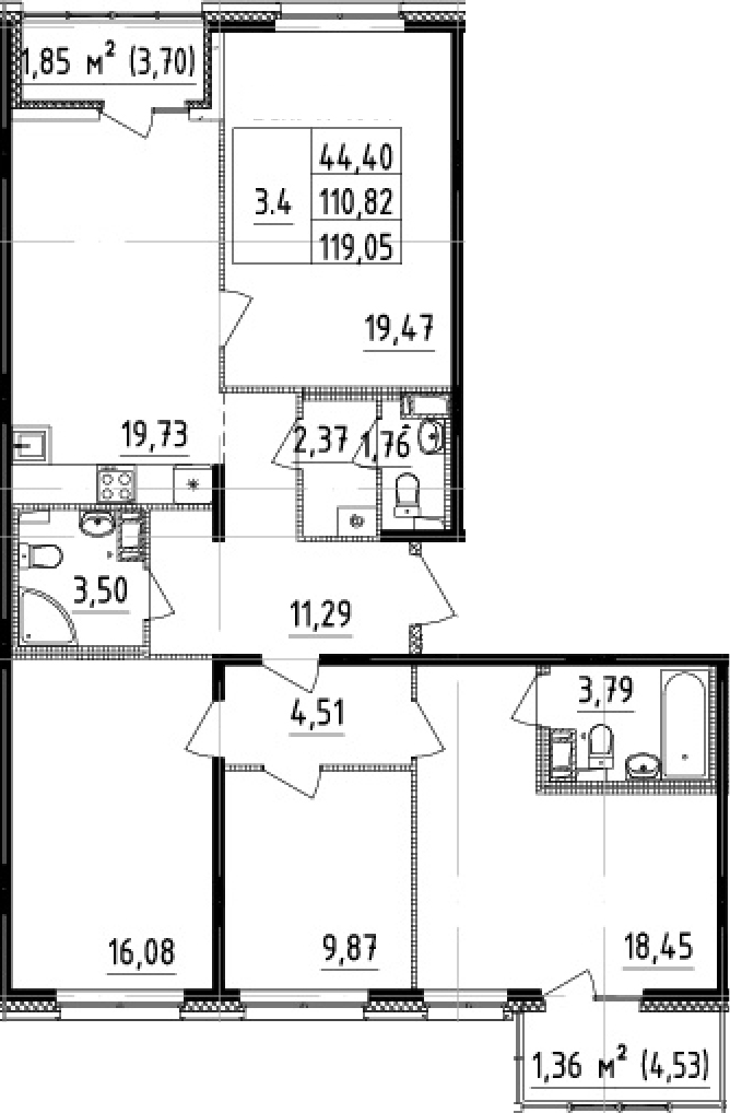 4-комнатная 114.03 м²