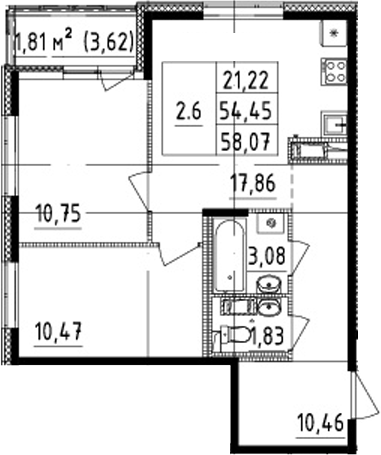 2-комнатная 56.26 м²