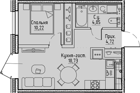 1-комнатная 38.52 м²
