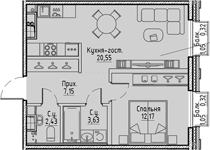 1-комнатная 46.57 м²