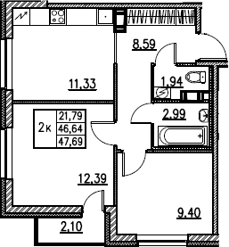 2-комнатная 47.69 м²