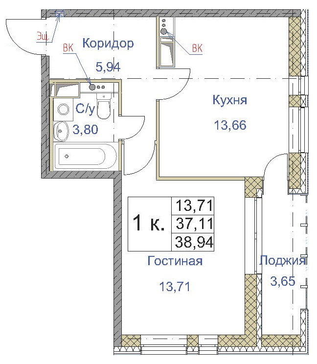 1-комнатная 38.53 м²