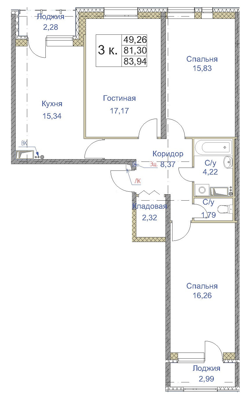 3-комнатная 83.54 м²