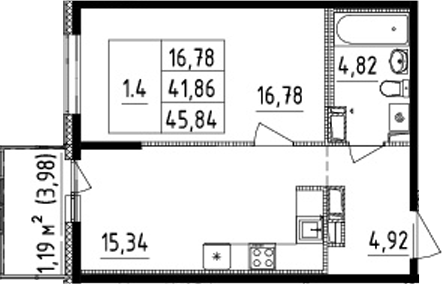 1-комнатная 43.05 м²