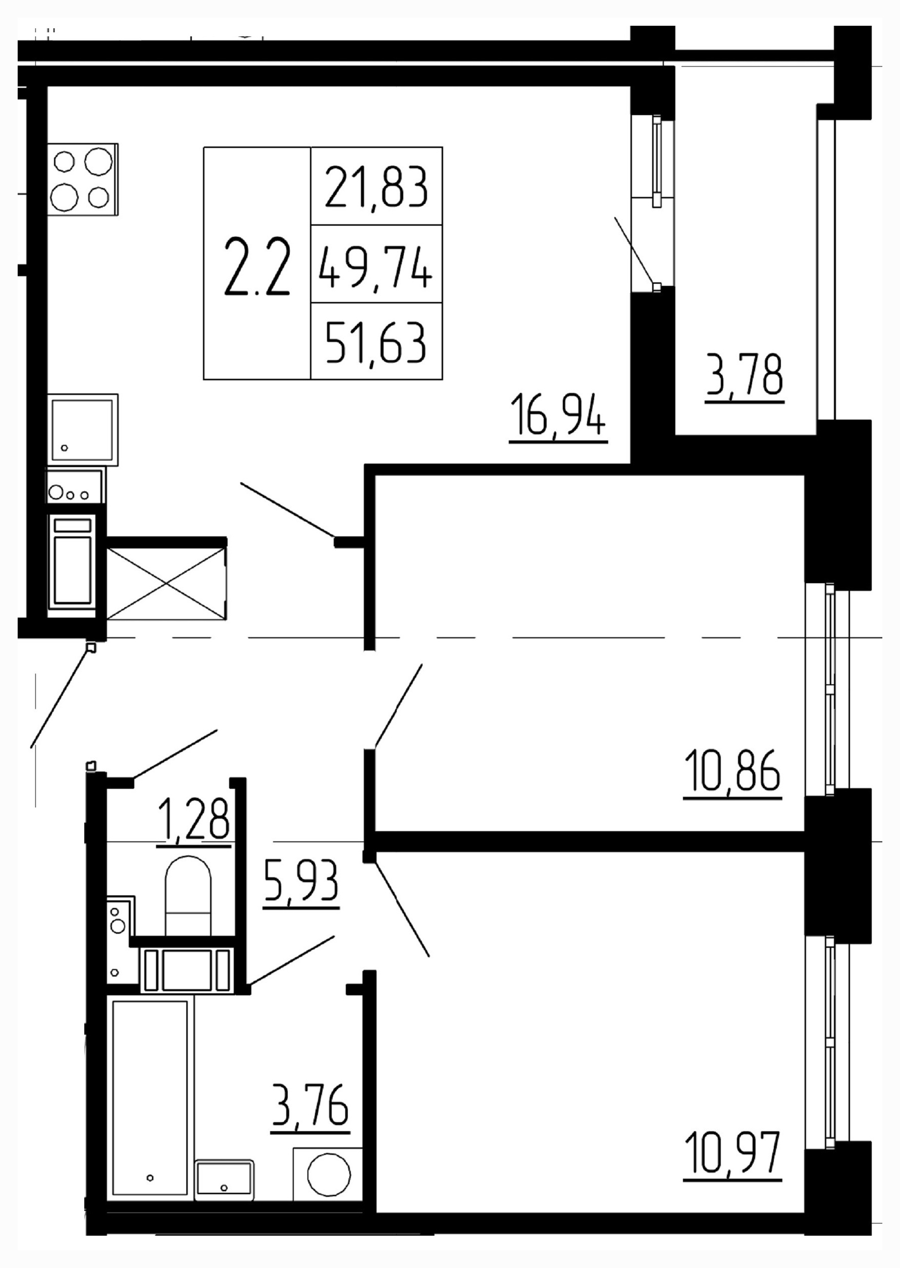 2-комнатная 51.63 м²