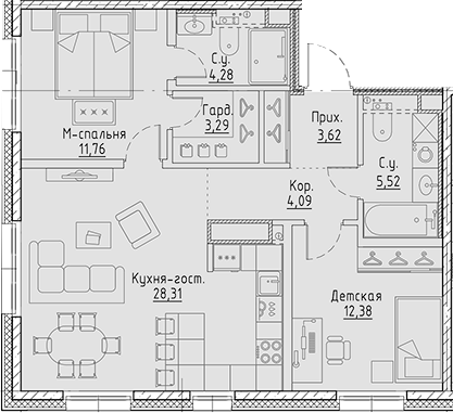2-комнатная 73.25 м²