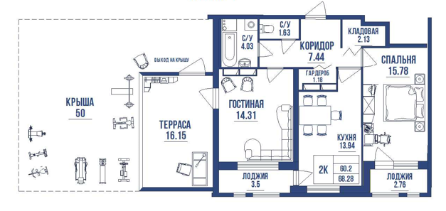 2-комнатная 68.18 м²