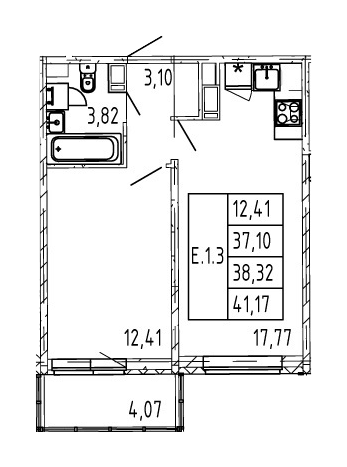 1-комнатная 38.32 м²