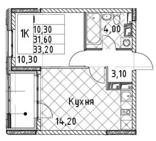 1-комнатная 33.2 м²