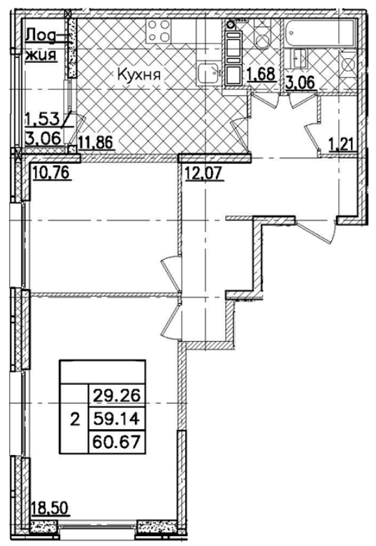 2-комнатная 60.67 м²