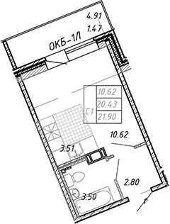 Студия 21.9 м²