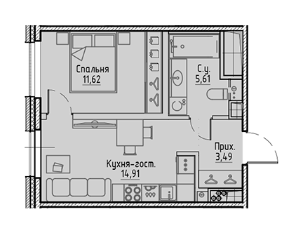 1-комнатная 35.63 м²