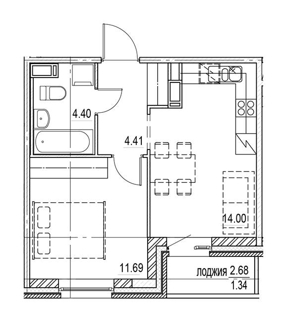 1-комнатная 35.84 м²