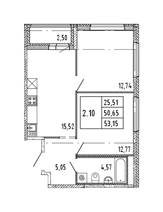 2-комнатная 51.9 м²