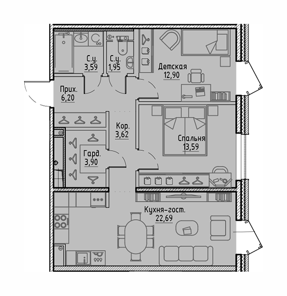 2-комнатная 68.44 м²