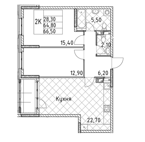 2-комнатная 66.5 м²