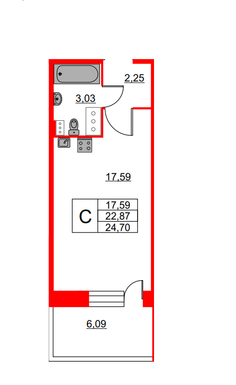 Студия 24.7 м²