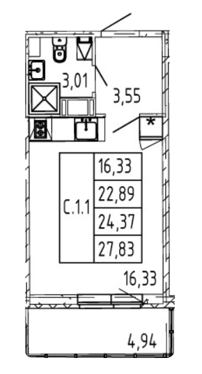 Студия 24.37 м²