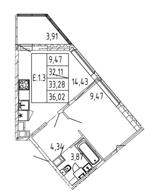 1-комнатная 33.28 м²
