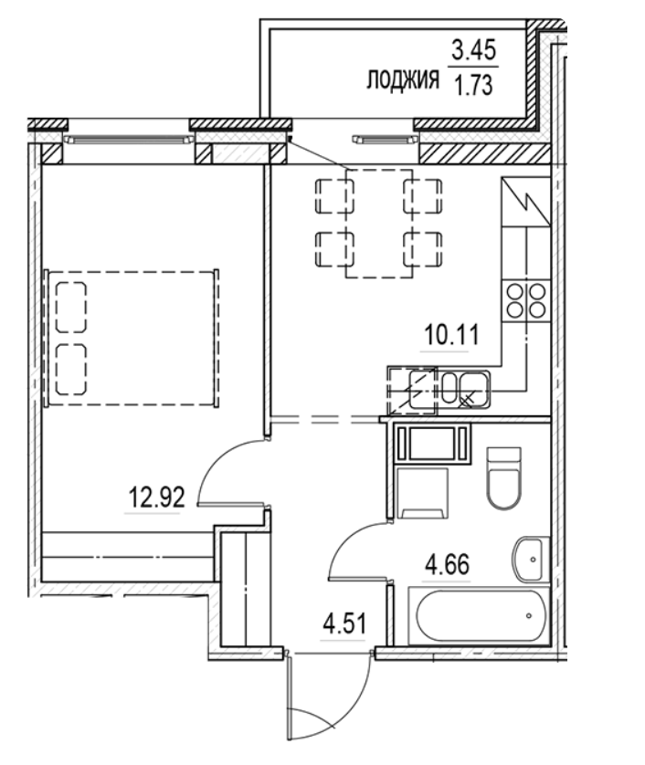 1-комнатная 33.93 м²