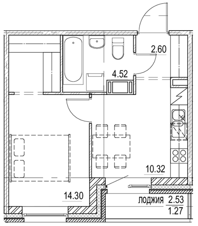 1-комнатная 33.01 м²