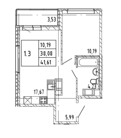 1-комнатная 39.85 м²