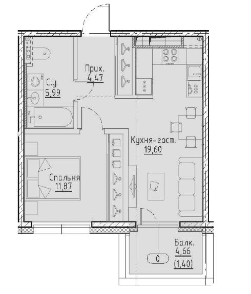1-комнатная 41.93 м²