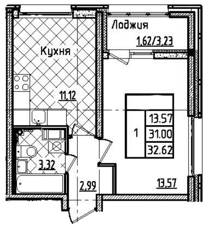1-комнатная 32.62 м²